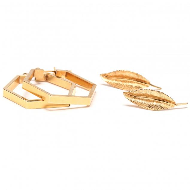 two-pairs-of-14kt-yellow-gold-earrings