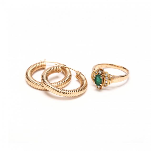 14kt-emerald-and-diamond-ring-and-a-pair-of-14kt-ear-hoops