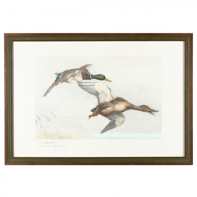 leon-danchin-french-1887-1939-two-ducks-in-flight-over-marsh