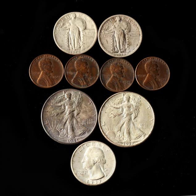 grouping-of-nine-collectible-20th-century-coins
