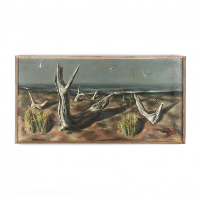 mid-century-modern-painting-of-a-driftwood-on-the-shore