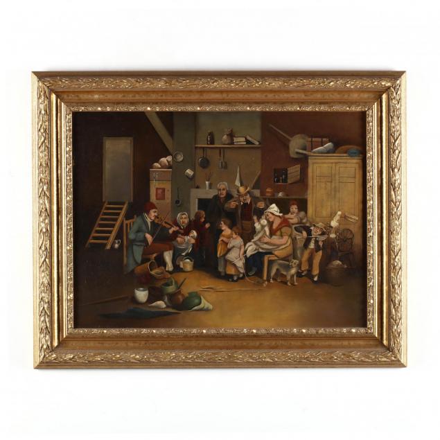an-antique-folky-genre-painting-of-a-family-in-revelry