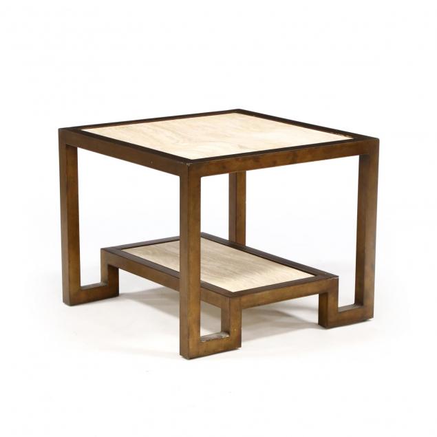 bronze-tone-metal-and-travertine-side-table