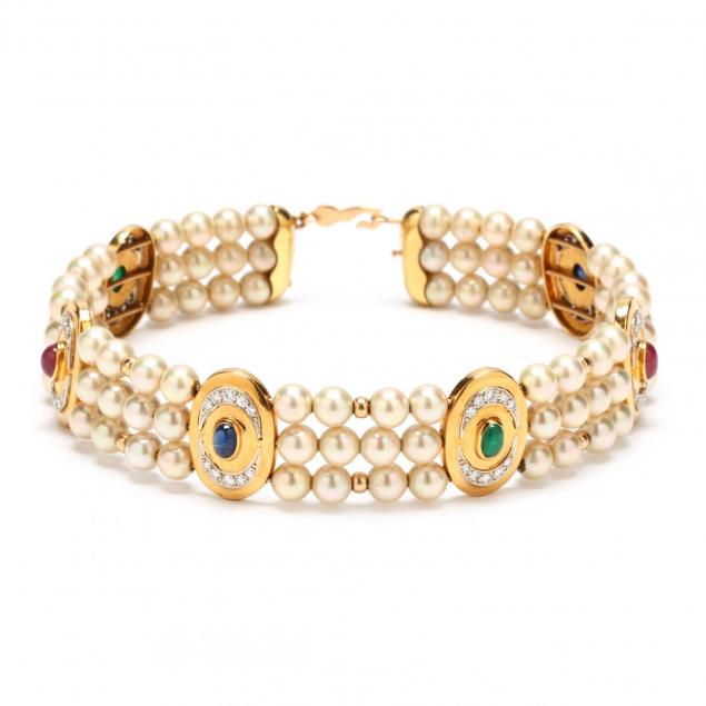 18kt-simulated-pearl-diamond-and-gem-set-choker