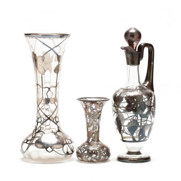 silver-overlay-claret-jug-and-two-vases