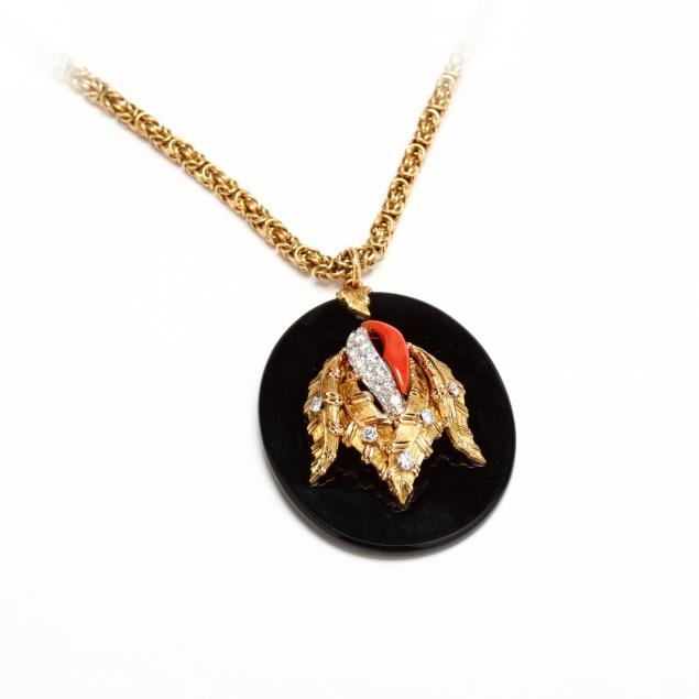 18kt-gold-onyx-coral-and-diamond-pendant-necklace-france