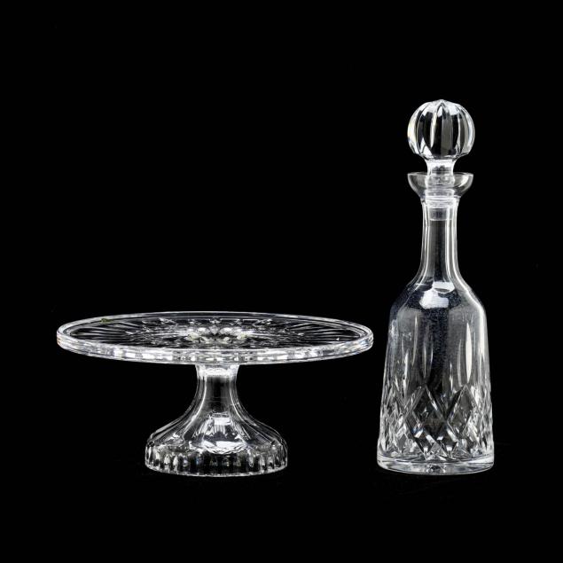 a-waterford-lismore-crystal-cake-plate-and-decanter