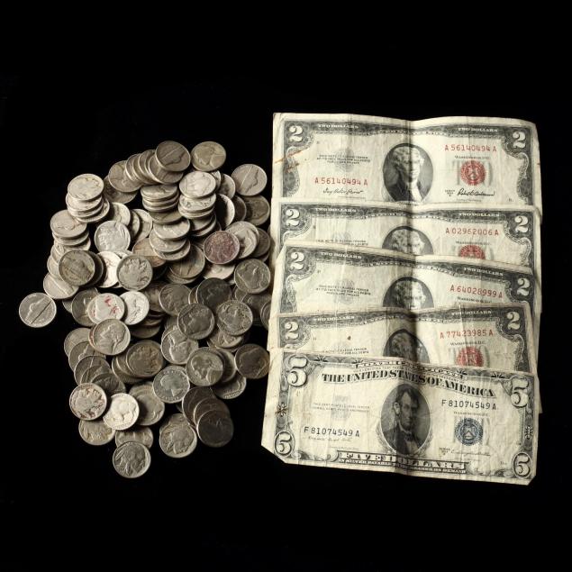 over-100-circulated-nickels-and-five-obsolete-notes