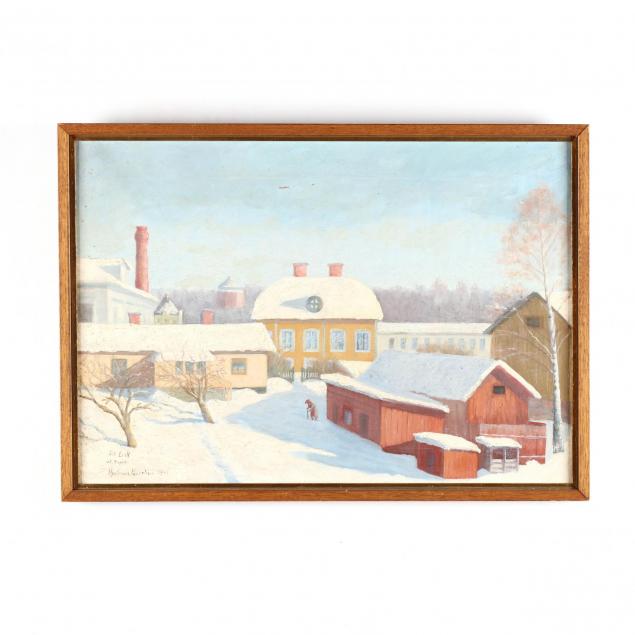 swedish-school-20th-c-painting-of-a-man-in-a-snowy-village