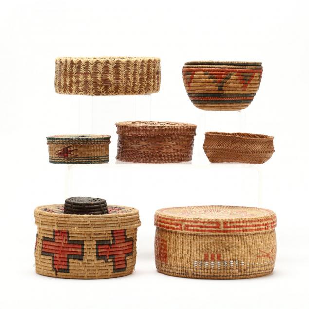 a-collection-of-seven-vintage-antique-baskets
