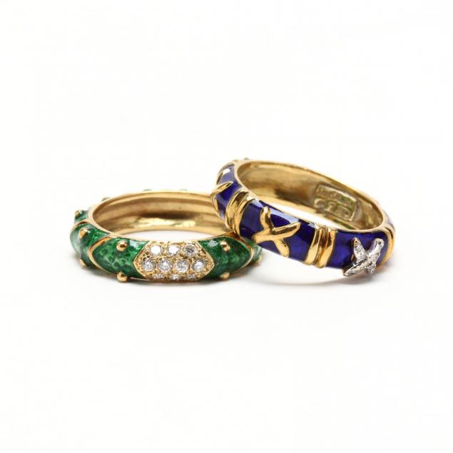 two-18kt-gold-enamel-and-diamond-rings-hidalgo