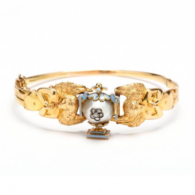 antique-gold-pearl-diamond-and-enamel-bracelet