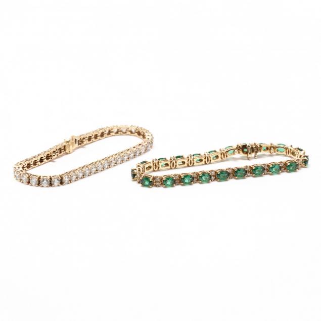 two-14kt-gold-and-synthetic-gemset-line-bracelets