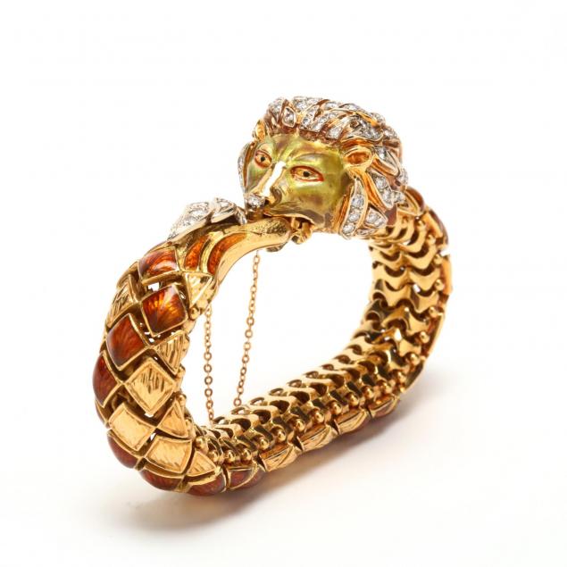 18kt-gold-diamond-and-enamel-lion-s-head-bracelet