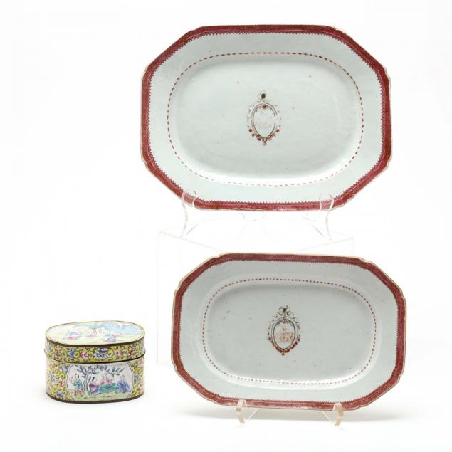 two-chinese-export-porcelain-platters-and-canton-enamel-covered-box