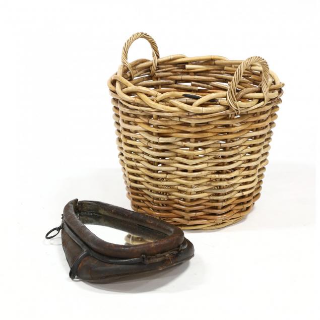 antique-horse-collar-mirror-and-bamboo-basket