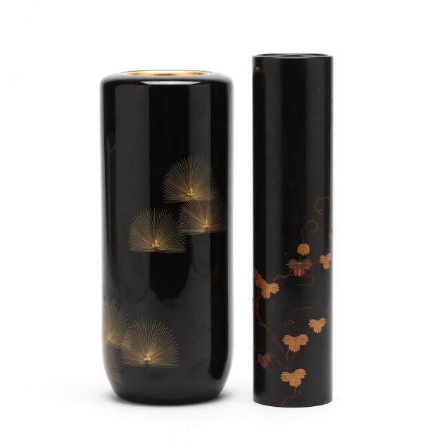 two-japanese-black-lacquer-flower-vases
