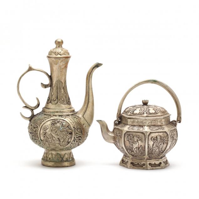 two-chinese-white-metal-wine-pots