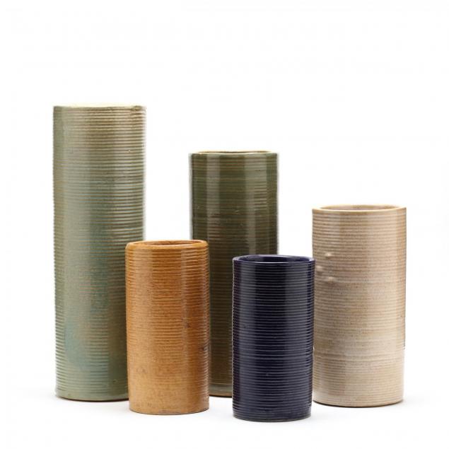 zanesville-pottery-group-of-five-homespun-cylinder-vases