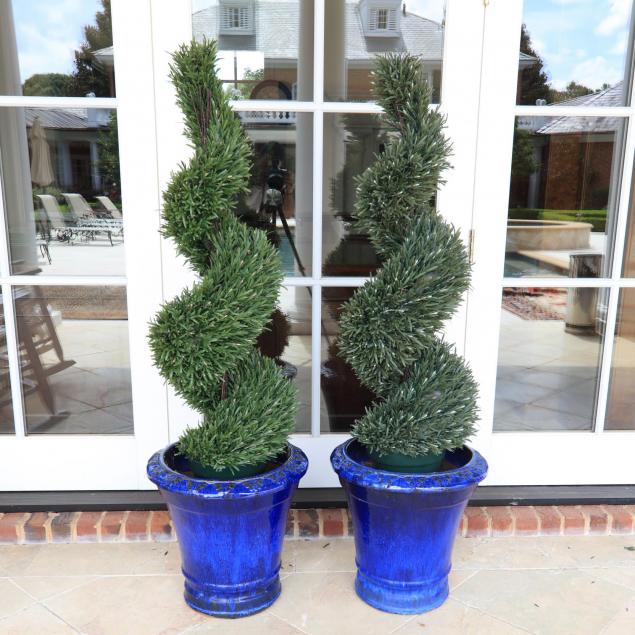 pair-of-contemporary-cobalt-glazed-urns-with-faux-topiaries