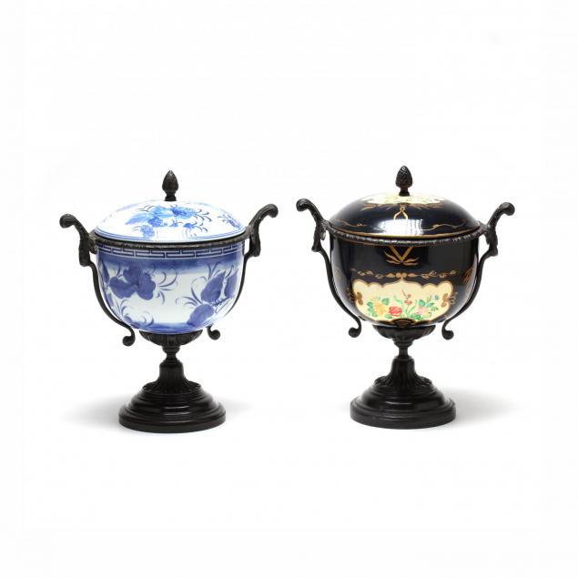 two-decorative-porcelain-and-bronze-lidded-urns