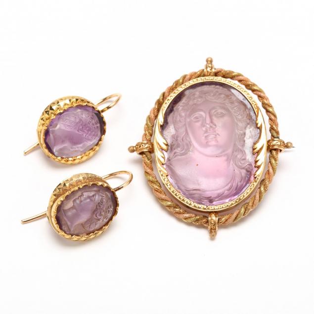 18kt-carved-amethyst-cameo-brooch-and-earrings