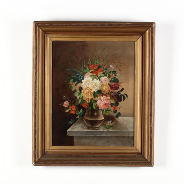 victorian-oil-painting-of-a-still-life-with-flowers-and-bird-s-nest
