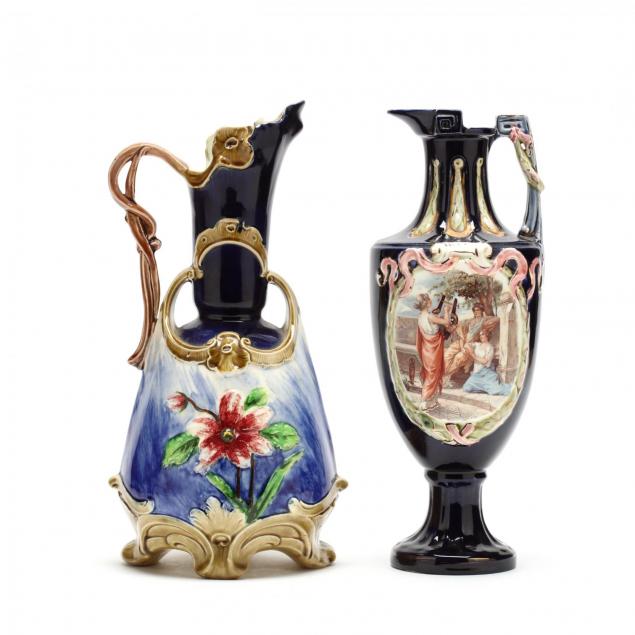 two-cobalt-decorated-majolica-pitchers