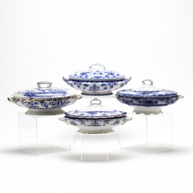 four-antique-flow-blue-lidded-vegetable-dishes