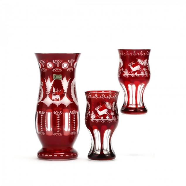 3-pc-bohemian-ruby-cut-to-clear-glass-group