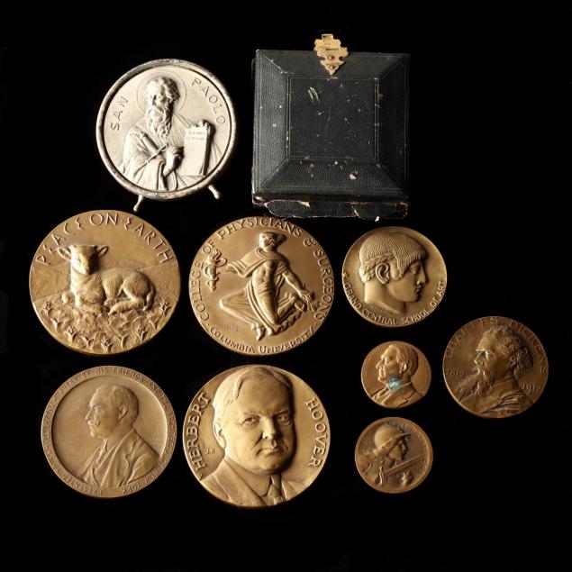 eight-20th-century-bronze-medallions-and-an-italian-saint-in-white-metal