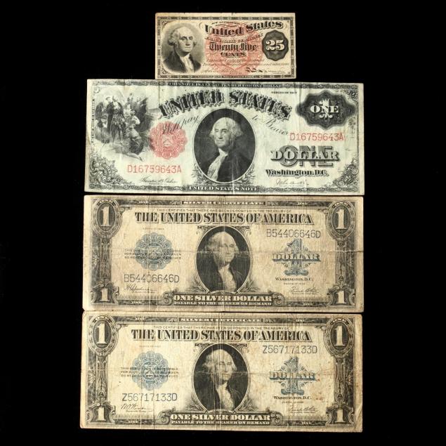 three-large-size-1-notes-and-a-piece-of-fractional-currency