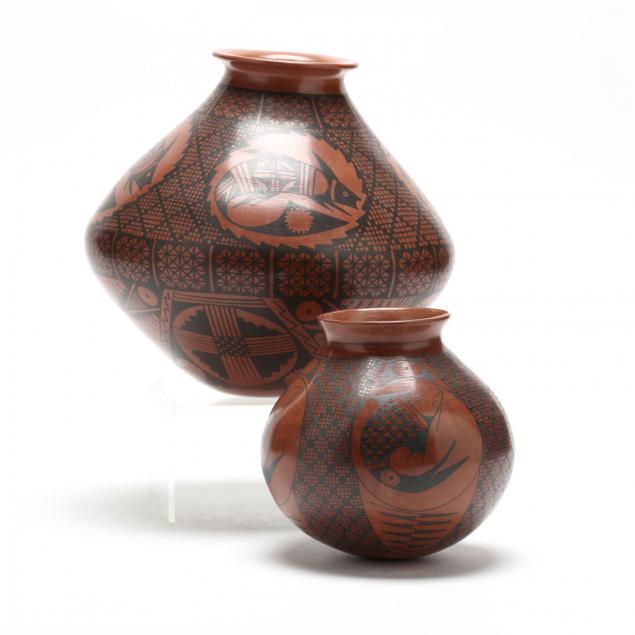 mata-ortiz-two-black-and-red-decorated-pottery-vessels