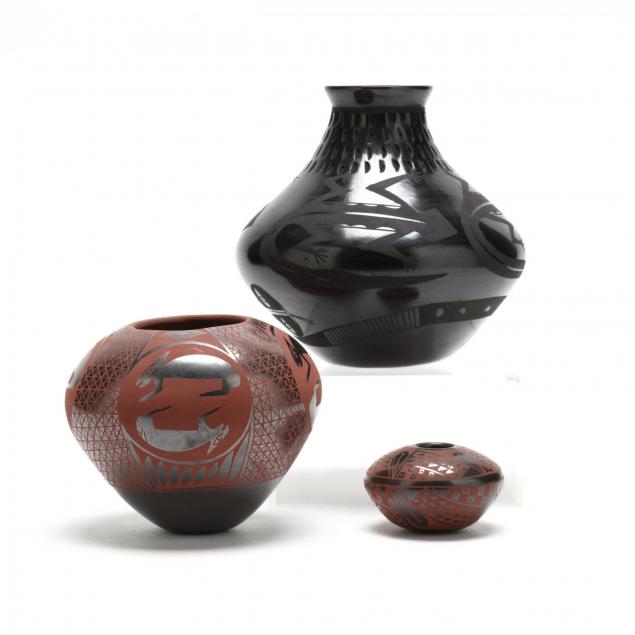 mata-ortiz-three-black-glazed-pottery-vessels