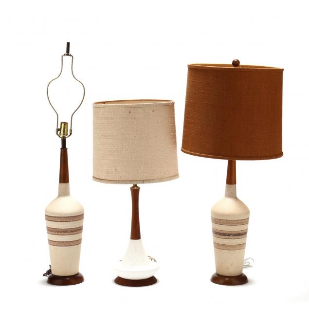 three-mid-century-ceramic-and-wood-table-lamps