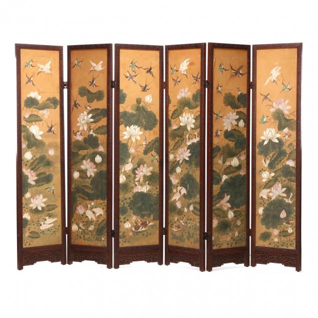 a-korean-six-fold-screen-of-lotus-and-birds