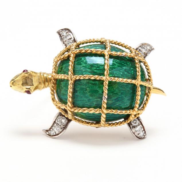18kt-gold-enamel-and-diamond-turtle-brooch-signed