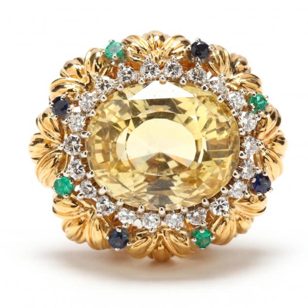 18kt-gold-ceylon-yellow-sapphire-diamond-emerald-and-sapphire-clip-brooch