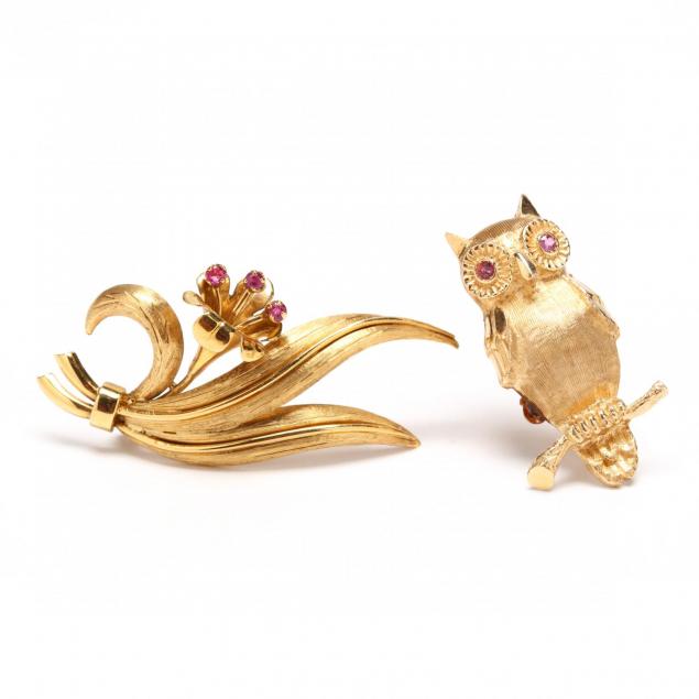 18kt-gem-set-brooch-by-tiffany-co-and-a-14kt-owl-brooch