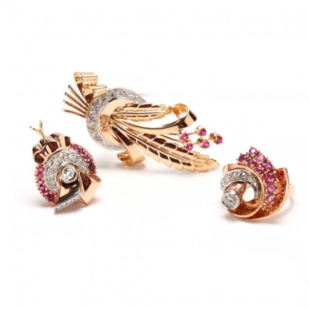 three-pieces-of-retro-rose-gold-diamond-and-pink-sapphire-jewelry