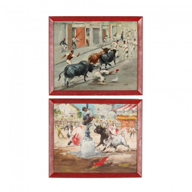 pair-of-mid-century-paintings-of-the-running-of-the-bulls