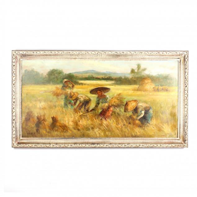 mid-century-oil-painting-of-women-working-in-a-field