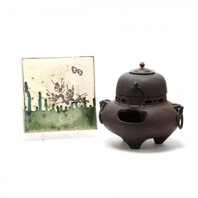 a-japanese-bronze-furogama-tea-kettle-and-brazier-and-an-oribe-tile