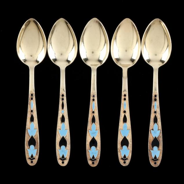 five-silver-gilt-enameled-soviet-teaspoons