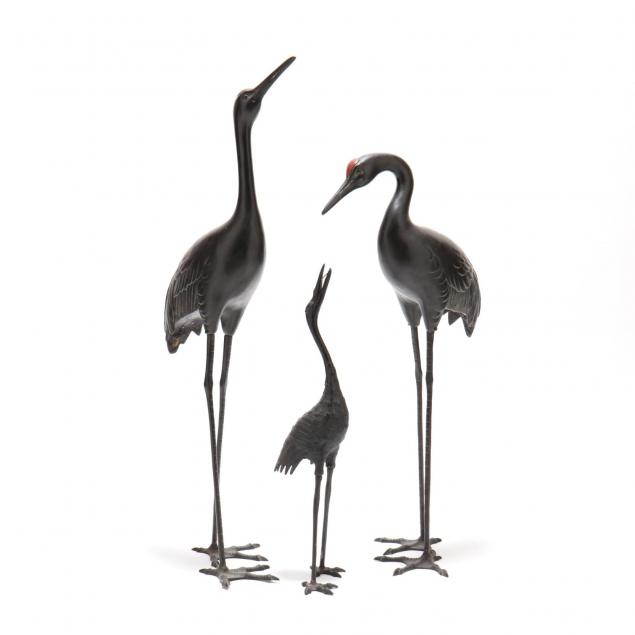 three-japanese-bronze-crane-sculptures