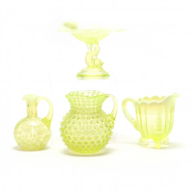 four-pieces-of-vintage-opalescent-vaseline-art-glass