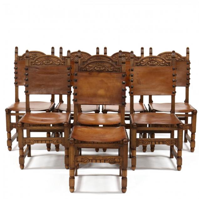 Carved Oak And Leather Dining Chairs, Spanish Leather Dining Chairs