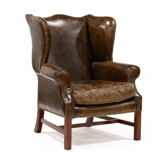 chippendale-style-distressed-leather-wing-back-chair
