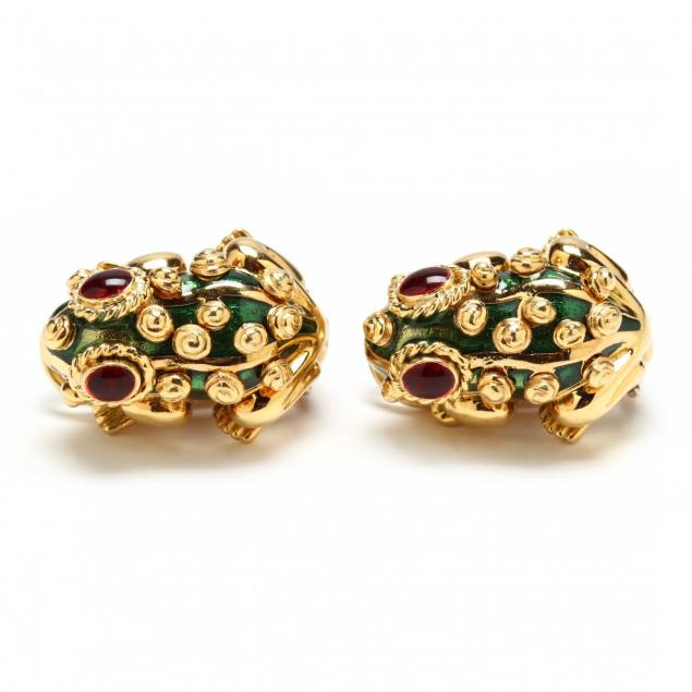 18kt-gold-enamel-and-gem-set-ear-clips