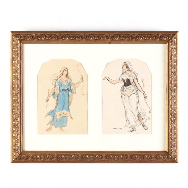 two-framed-antique-sketches-of-classical-female-archers